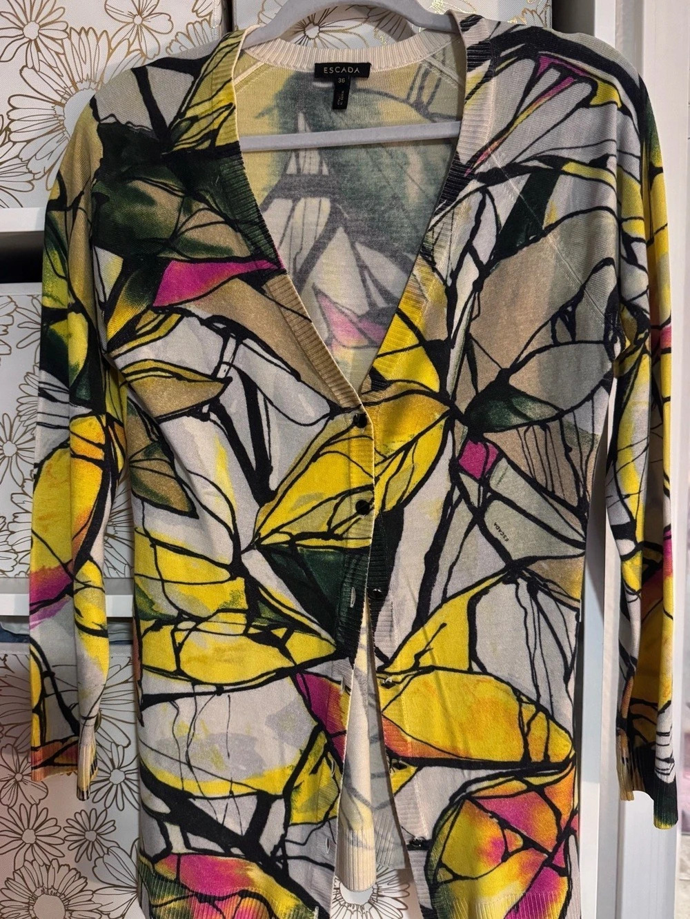 Escada Abstract Print Cardigan in Yellow & Black Size 4/36